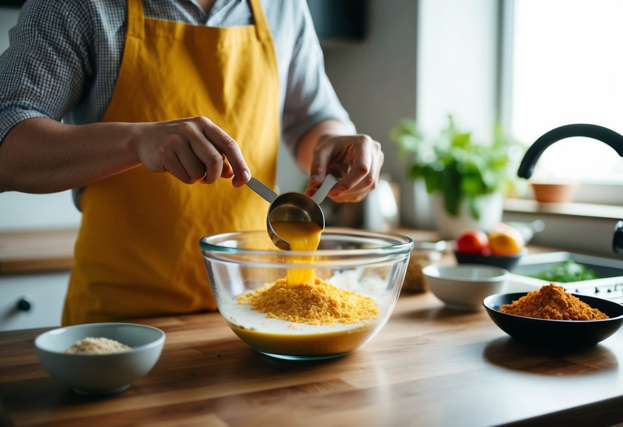 Eine Person, die verschiedene Zutaten mischt und abmisst, um selbstgemessenes Degufutter in einer Küchenumgebung herzustellen.