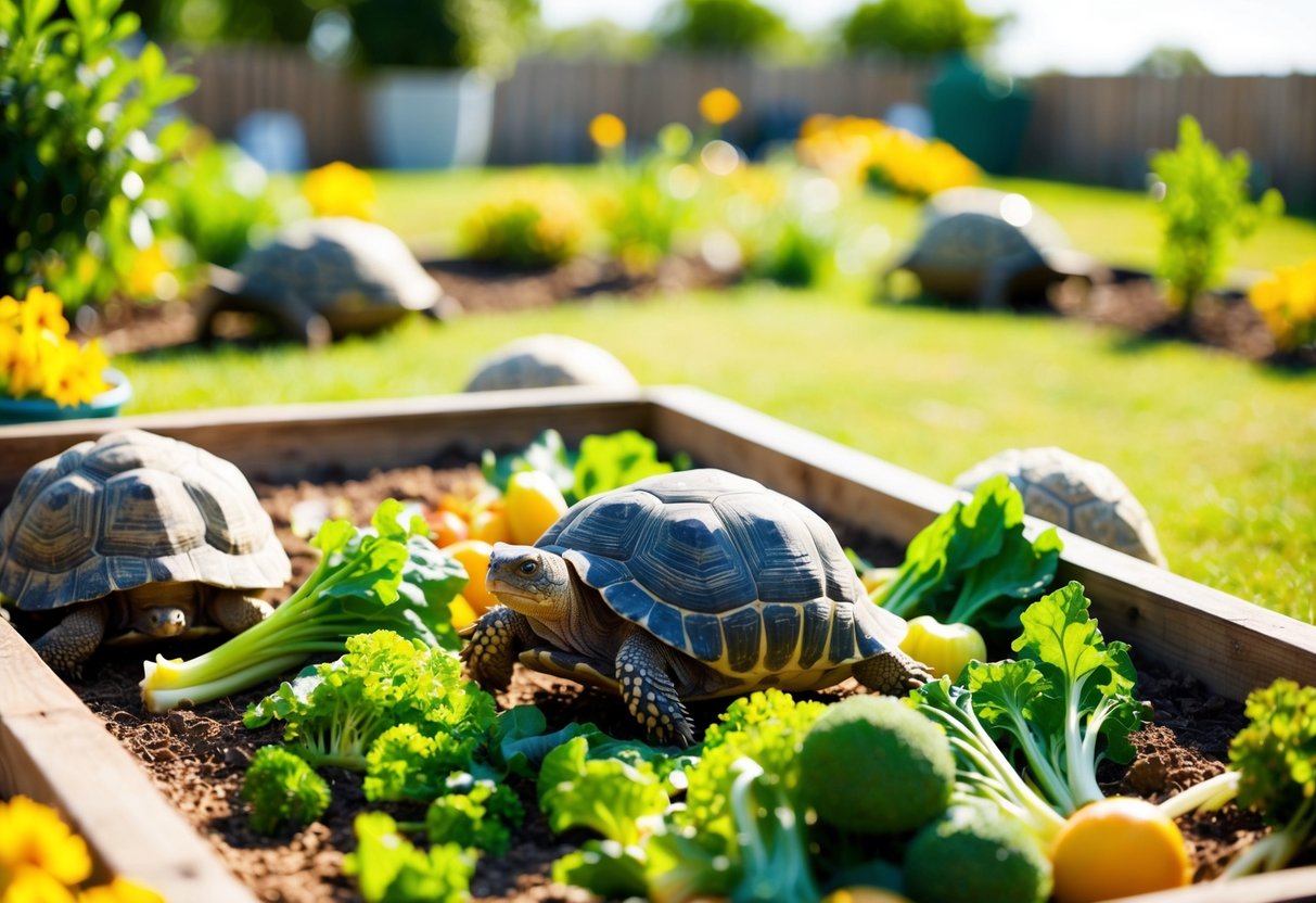 Eine sonnige Außenszene mit einem kleinen Garten oder Außenbereich, gefüllt mit frischem Grün und Gemüse für griechische Landschildkröten zum Fressen.