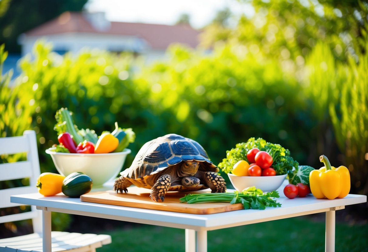 Eine sonnige Außeneinstellung mit einem kleinen Tisch, der mit frischem Gemüse und einer Rührschüssel gedeckt ist, während eine griechische Landschildkröte an einer hausgemachten Mahlzeit knabbert.