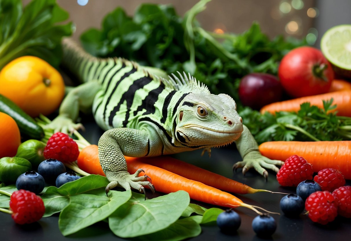 Eine grüne Leguan umgeben von einer Vielzahl frischer Früchte und Gemüse, darunter Blattgemüse, Karotten und Beeren, die auf einem Tisch ausgelegt sind.