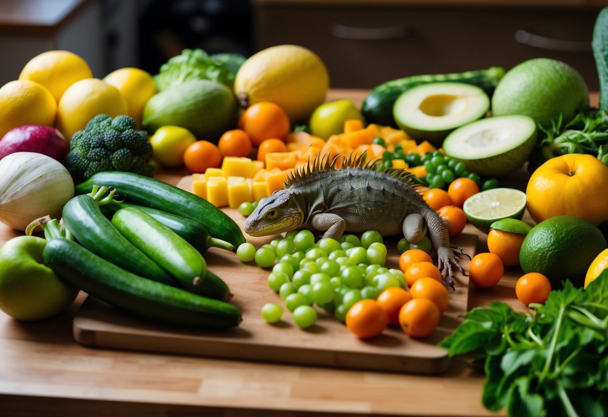 Eine Vielzahl frischer Früchte und Gemüse liegt auf einem Schneidebrett ausgebreitet, bereit zur Zubereitung von hausgemachtem Futter für grüne Leguane.