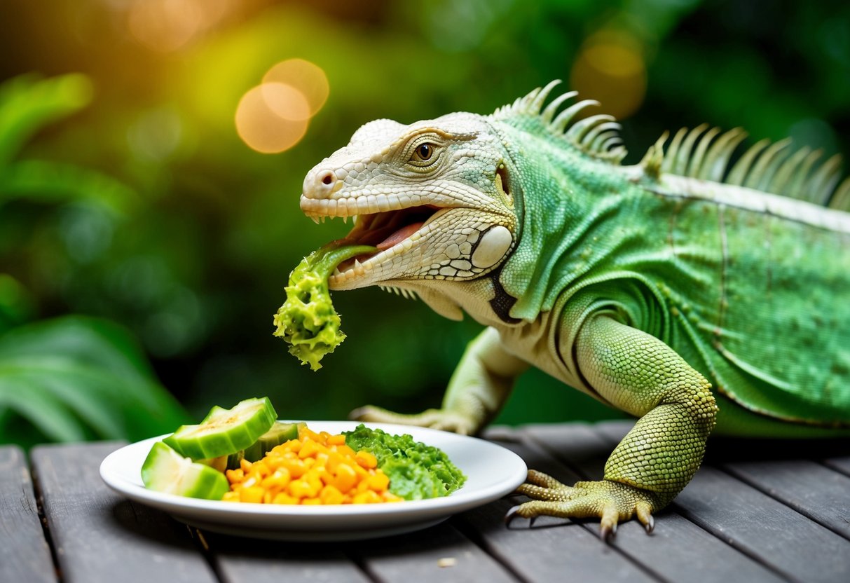 Eine grüne Leguan, der eine hausgemachte Mahlzeit isst, die auf seine Gesundheits- und Ernährungsbedürfnisse abgestimmt ist.