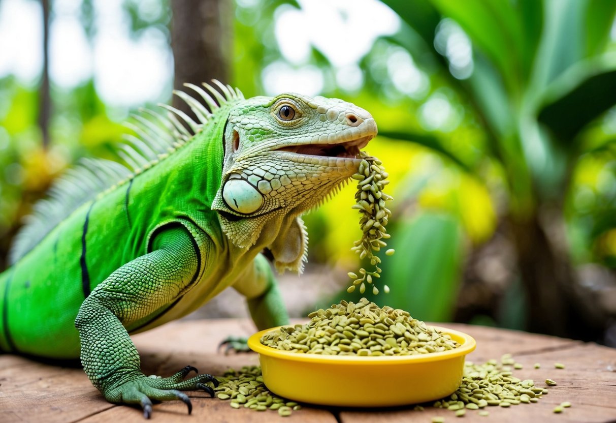 Eine grüne Leguan, der selbstgemachtes Futter für grüne Leguane in einem üppigen, tropischen Lebensraum frisst.