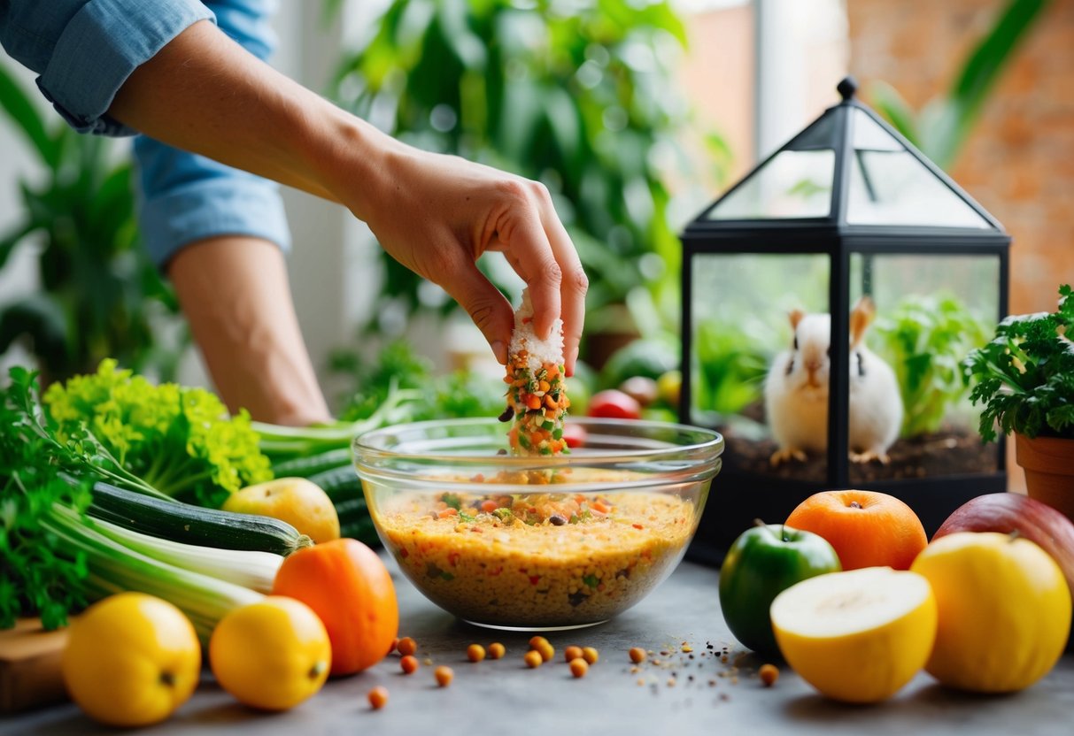 Eine Hand, die verschiedene Zutaten in einer Schüssel mischt, umgeben von frischem Gemüse und Obst, während eine Kornnatter aus einem nahegelegenen Terrarium beobachtet.