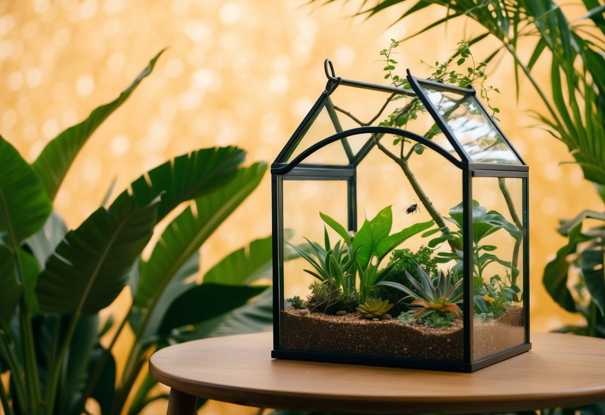 Ein üppiges Terrarium mit Ästen, Pflanzen und Insekten, vor einem warmen, tropischen Hintergrund.