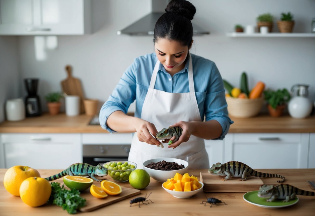 Eine Person bereitet eine hausgemachte Diät für Jemenchamäleons mit frischen Früchten, Gemüse und Insekten in einer sauberen, gut beleuchteten Küche vor.