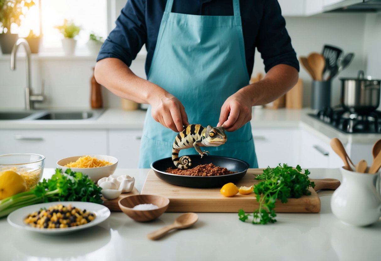 Eine Person bereitet selbstgemachtes Essen für ein Jemenchamäleon vor, umgeben von verschiedenen Zutaten und Utensilien auf einer sauberen Küchenarbeitsplatte.