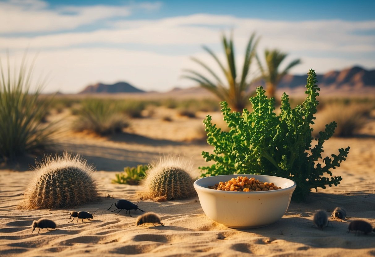 Eine Wüstenlandschaft mit verschiedenen Pflanzen, Insekten und kleinen Tieren, zusammen mit einer Schüssel hausgemachtem Essen für den Steppenwaran.