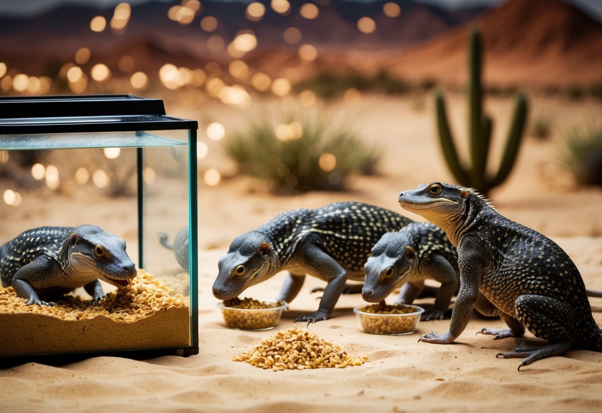 Ein Terrarium mit einer Wüstenlandschaft, in dem eine Gruppe von Steppenmonitoren homemade Steppenmonitor-Futter frisst.