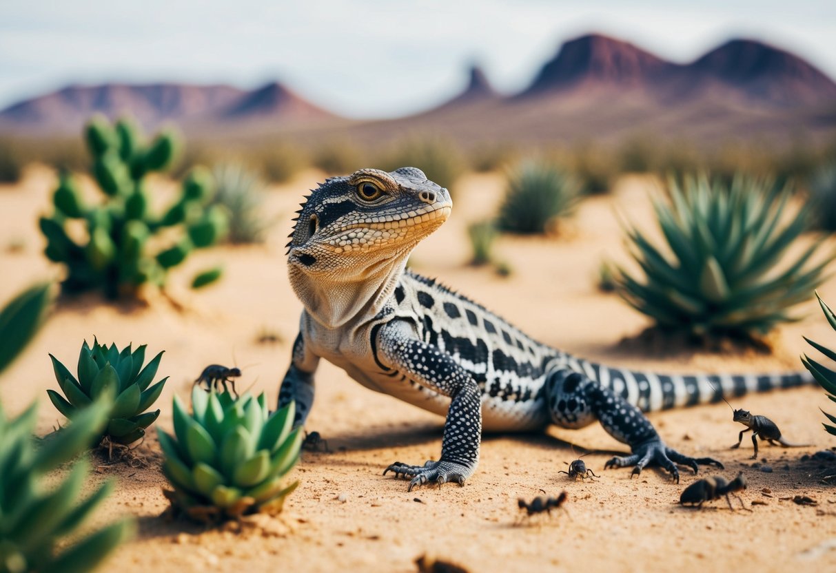 Eine Wüstenlandschaft mit einer Mutter und einem Baby-Steppewaran, umgeben von Pflanzen und Insekten, von denen die Mutter sich ernähren kann.