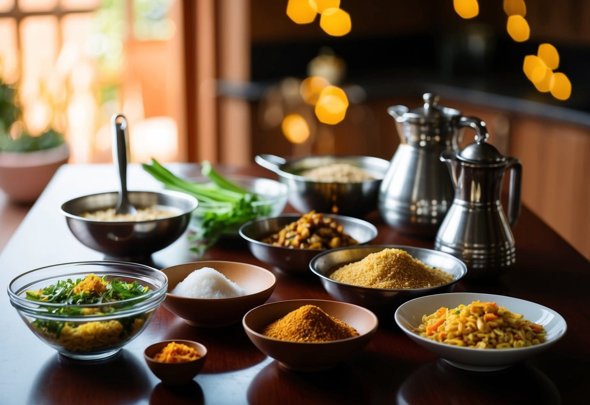 Ein Tisch mit verschiedenen Zutaten und Utensilien zur Zubereitung von Bindenwaran-Essen