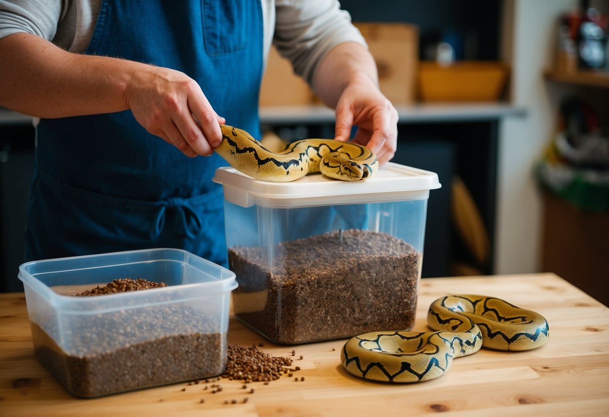 Eine Person, die selbstgemachte Futter für Teppichpythons herstellt und lagert