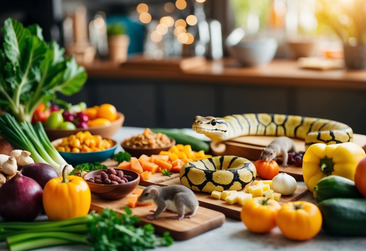 Eine Vielzahl von selbstgemachten Lebensmitteln, die auf einem Tisch ausgebreitet sind, einschließlich Früchte, Gemüse und kleinen Tieren, während ein Teppichpython neugierig die Auswahl betrachtet.