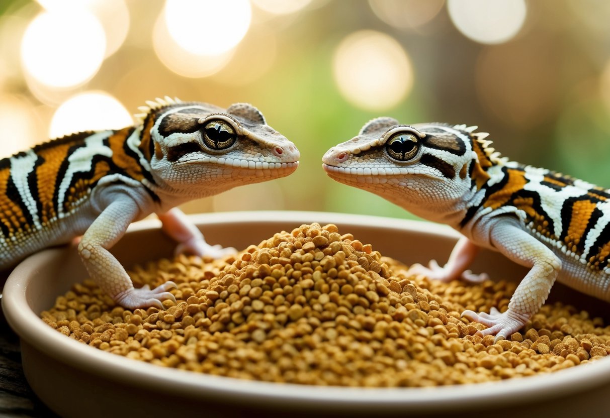 Zwei Kronengeckos, die in ihrem Lebensraum mit selbstgemachtem Gecko-Futter interagieren.