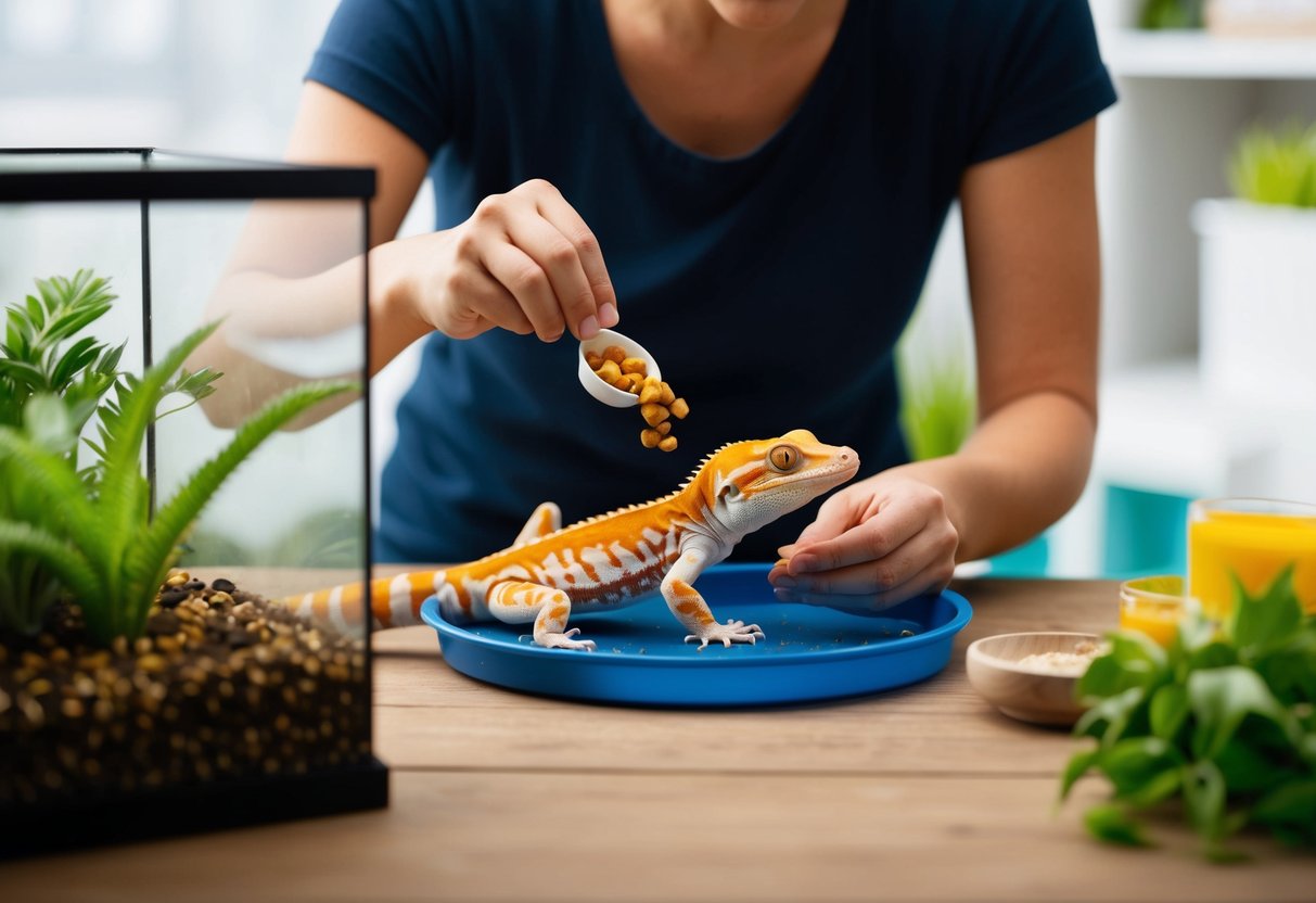 Eine Person, die selbstgemachtes Futter für einen Leopardgecko in einem Terrarium zubereitet.