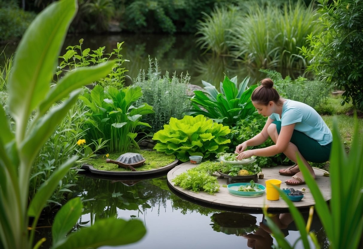 Ein ruhiger Teich mit üppiger Vegetation und einer Vielzahl essbarer Pflanzen, wo eine Person hausgemachtes Futter für Moschus-Schildkröten zubereitet.