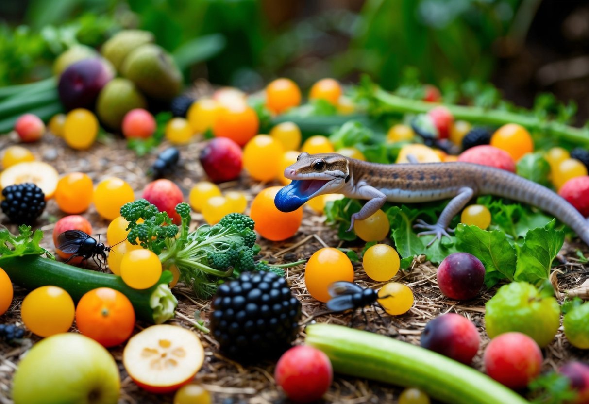 Eine bunte Vielfalt von Früchten, Gemüse und Insekten, die über einen natürlichen Lebensraum verstreut sind, während ein blauzüngiger Skink eifrig das selbstgemachte Essen verzehrt.