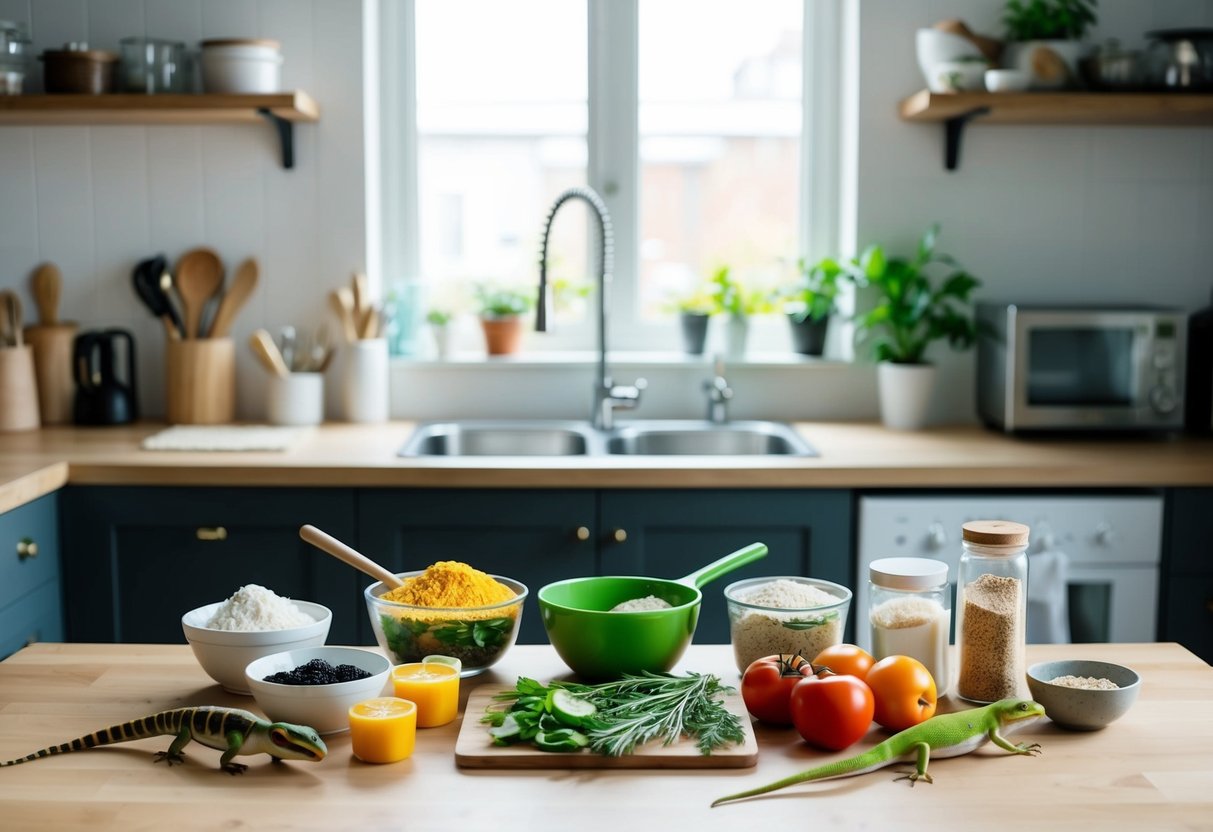 Eine kleine Küche mit verschiedenen Zutaten und Werkzeugen, die für die Zubereitung von hausgemachtem Futter für rotkehlige Anolen bereitliegen.