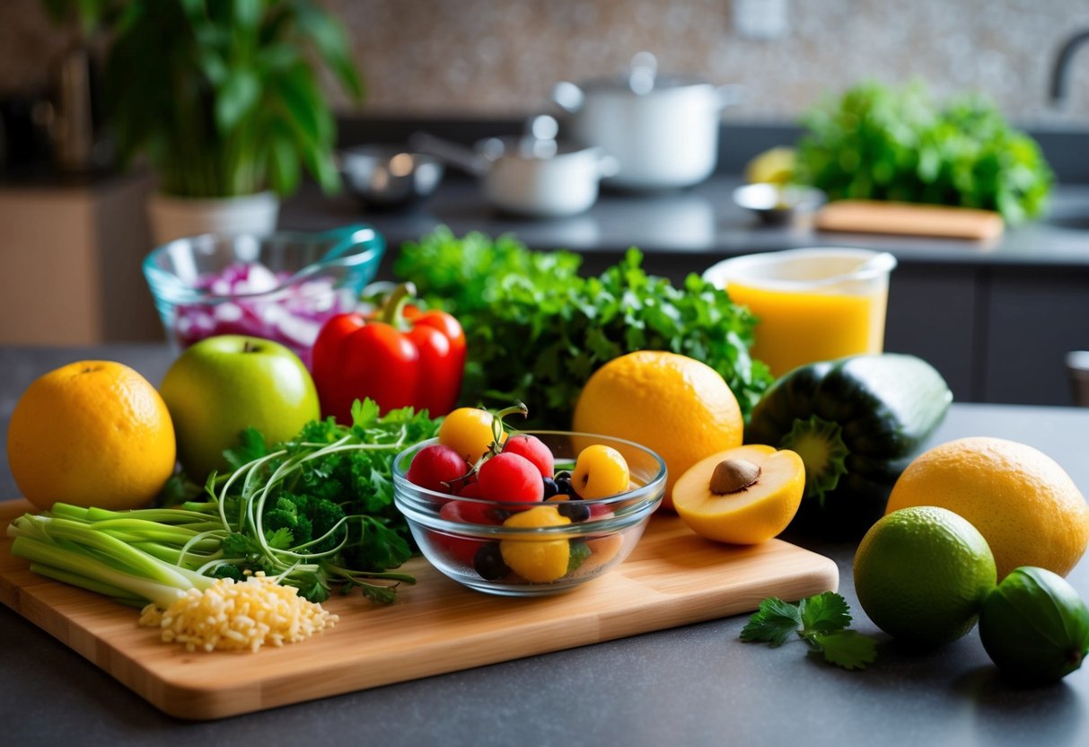 Ein Tisch mit verschiedenen frischen Zutaten und Küchengeräten zur Zubereitung von Rotkehlanolis-Gerichten, einschließlich Obst, Gemüse und einem Schneidebrett.