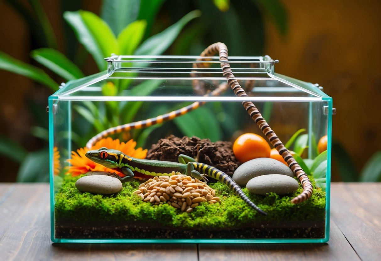 Ein üppiges Terrarium mit handgemachten Nahrungsquellen für rotkehlige Anolis.