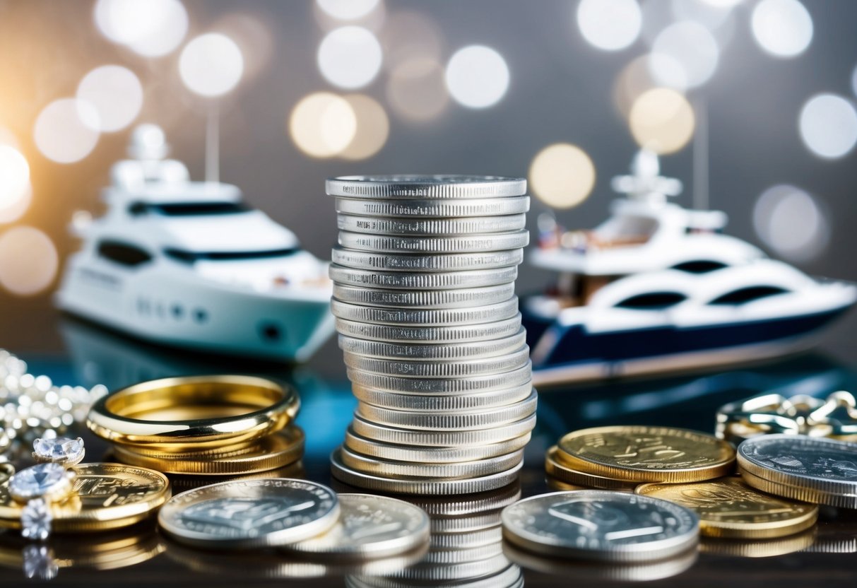 A stack of silver coins surrounded by various items symbolizing wealth and luxury, such as jewelry, a yacht, and a luxury car