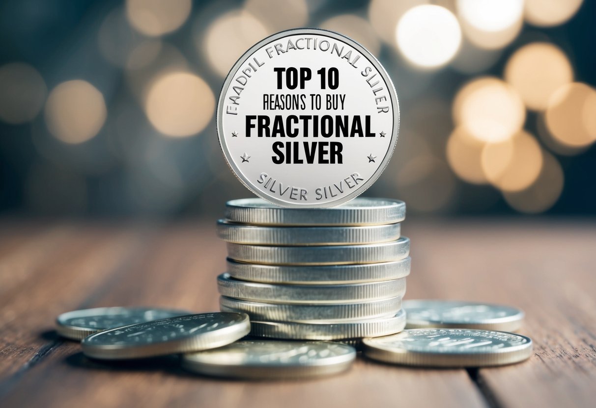 A stack of silver coins arranged in a descending order, with the top coin featuring the words "Top 10 Reasons to Buy Fractional Silver"