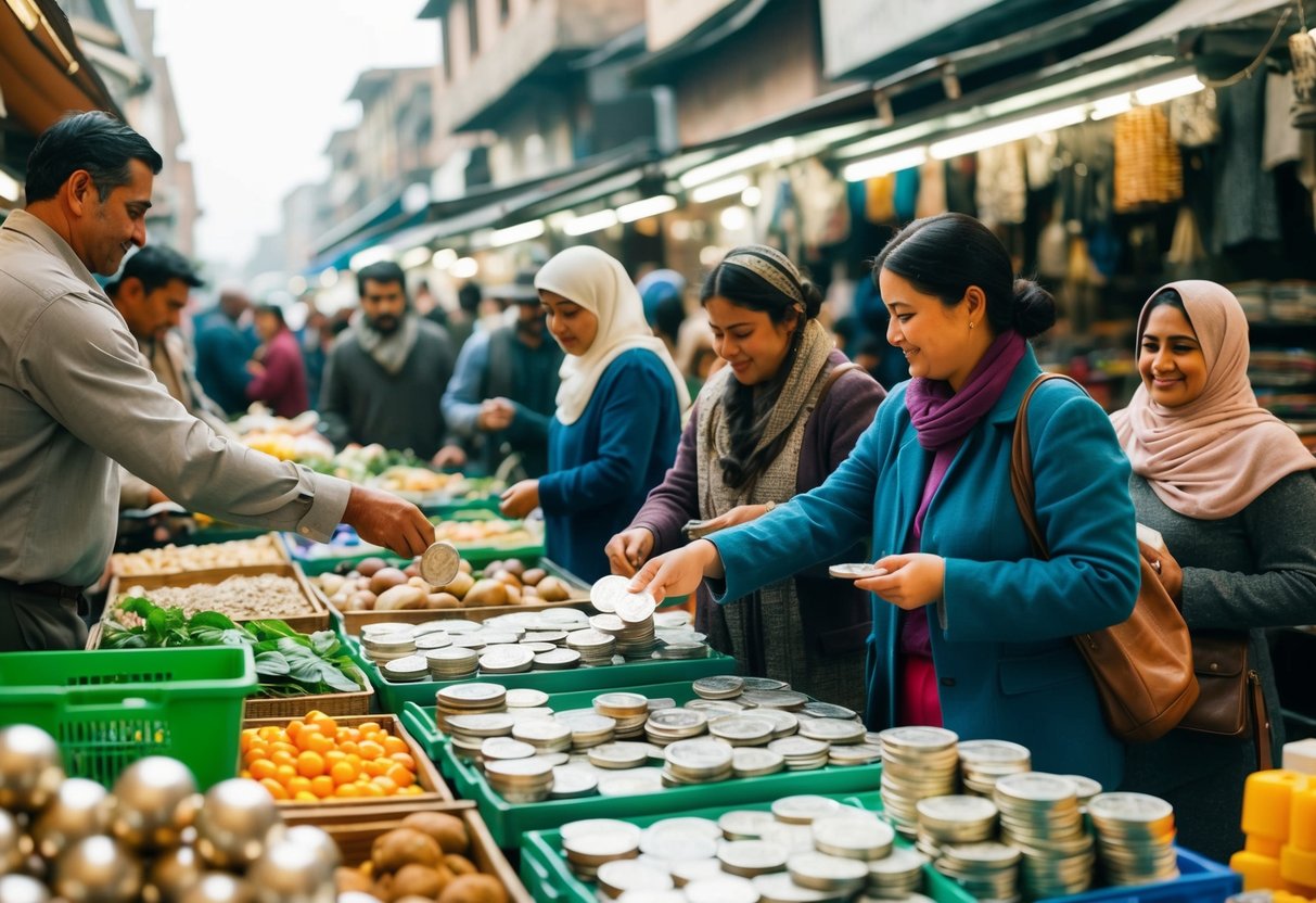 A bustling marketplace with various goods and people exchanging silver coins for items such as food, clothing, and tools