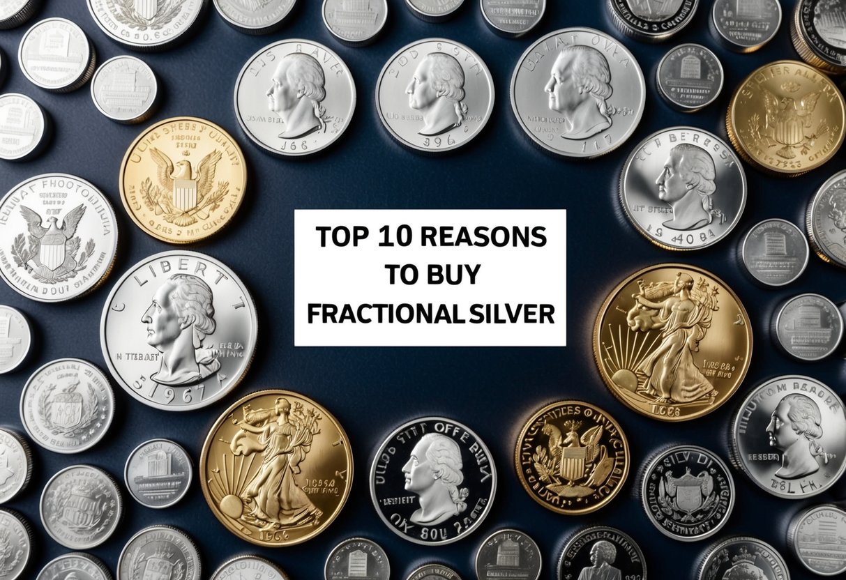 A diverse array of silver coins and bars arranged in a dynamic and flexible composition, showcasing the top 10 reasons to buy fractional silver