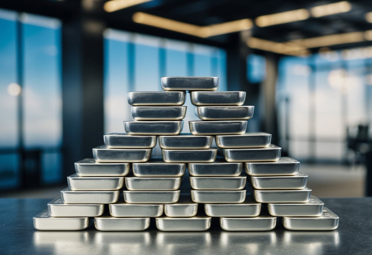 A stack of ten silver bars arranged neatly on a sturdy surface, with a backdrop of a stable and secure environment