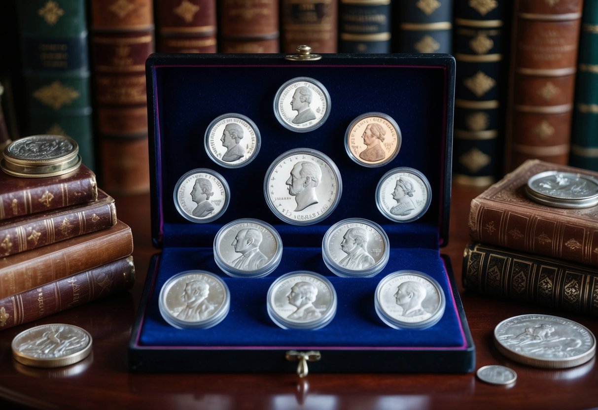 A collection of ten historical silver coins displayed on a velvet-lined case, surrounded by antique books and artifacts