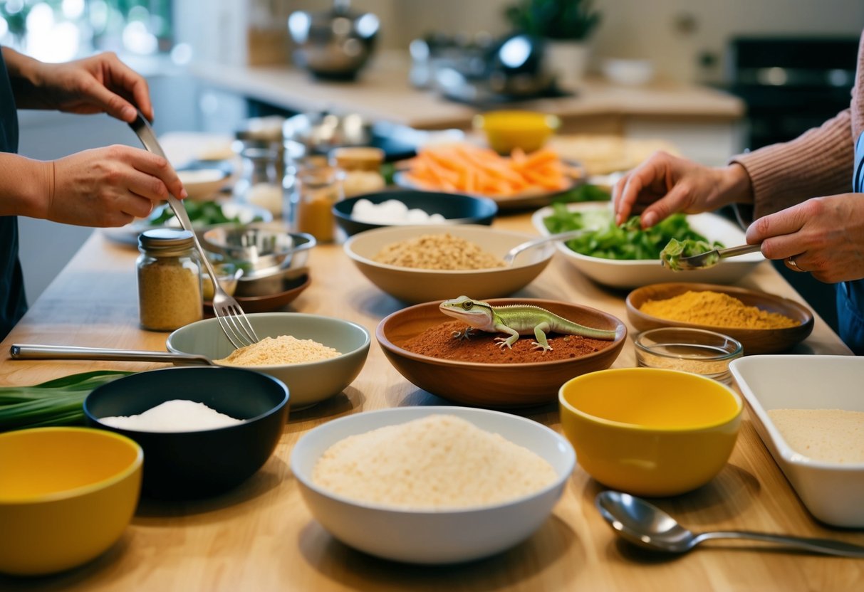 Ein Tisch, der mit Zutaten und Utensilien für die Zubereitung von Wüsteneidechsenfutter bedeckt ist.