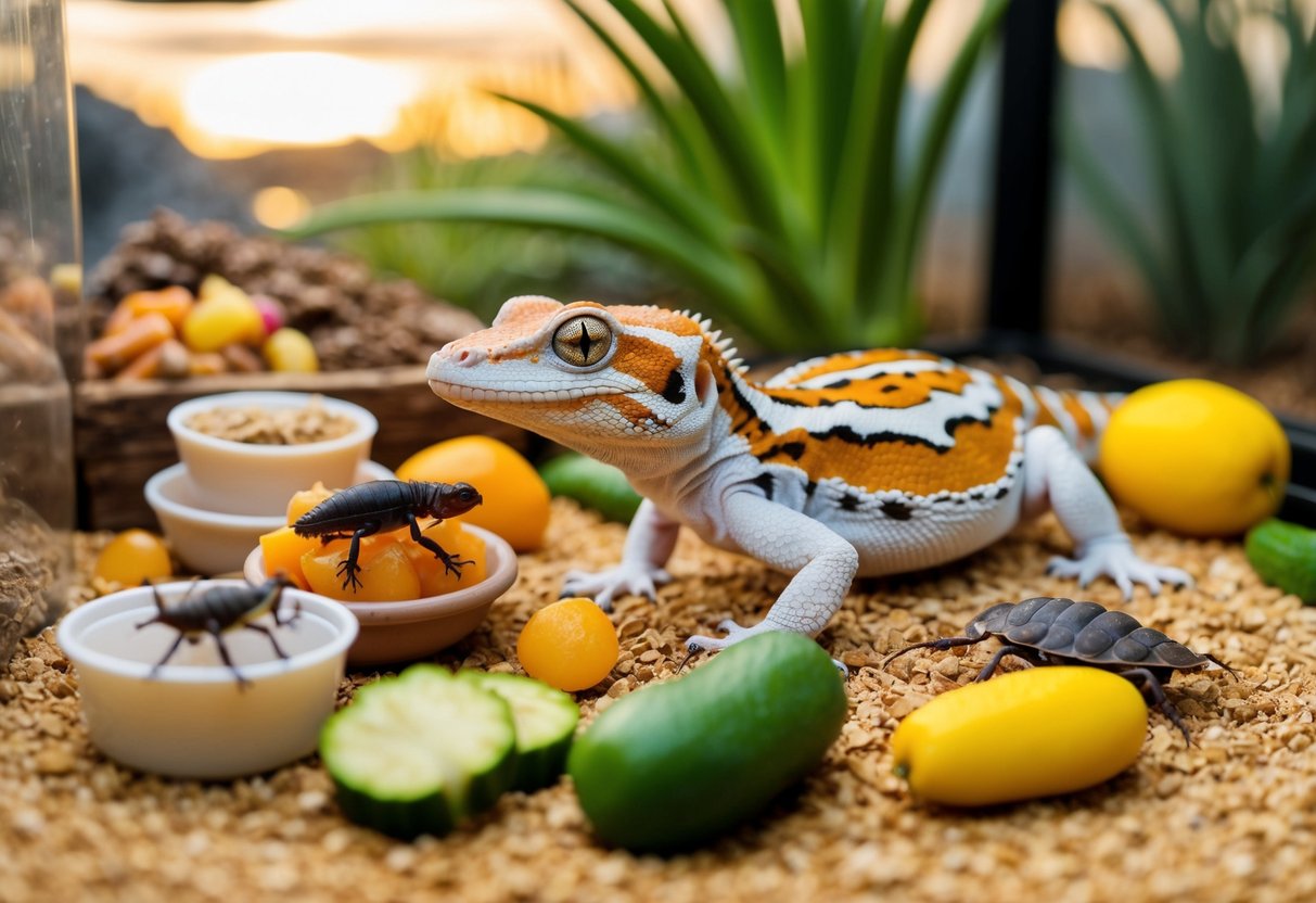 Ein Wüstengecko ist von einer Vielzahl von selbstgemachten Futterstellen umgeben, darunter Insekten, Früchte und Gemüse, die in seinem Terrarium platziert sind.