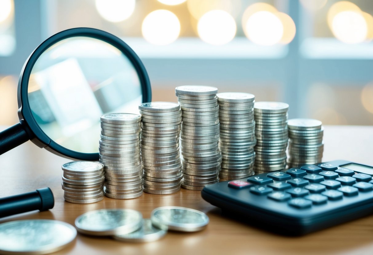 A stack of fractional silver coins arranged in a neat row, with a magnifying glass and a calculator nearby, symbolizing the benefits of investing in fractional silver