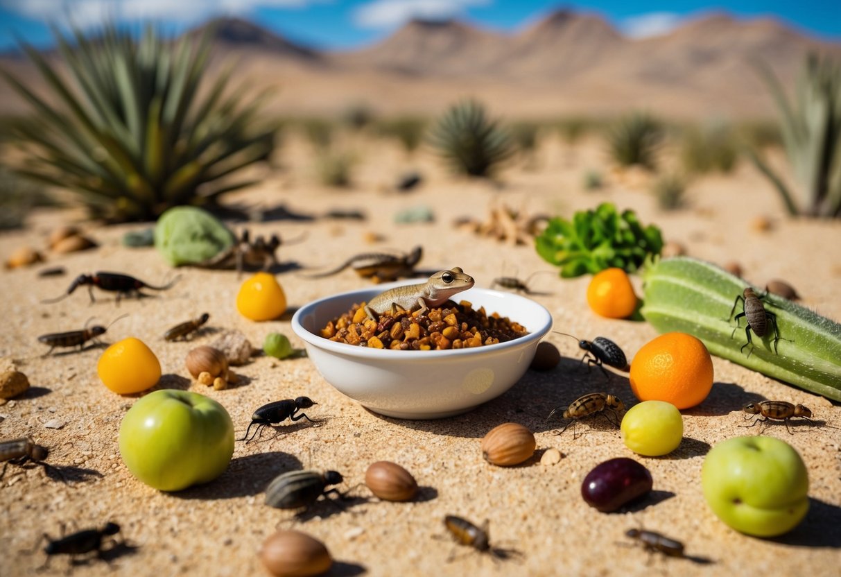 Eine Wüstenlandschaft mit verschiedenen Insekten, Früchten und Gemüse, die verstreut sind, mit einer kleinen Schüssel mit zubereitetem Gecko-Futter in der Mitte.