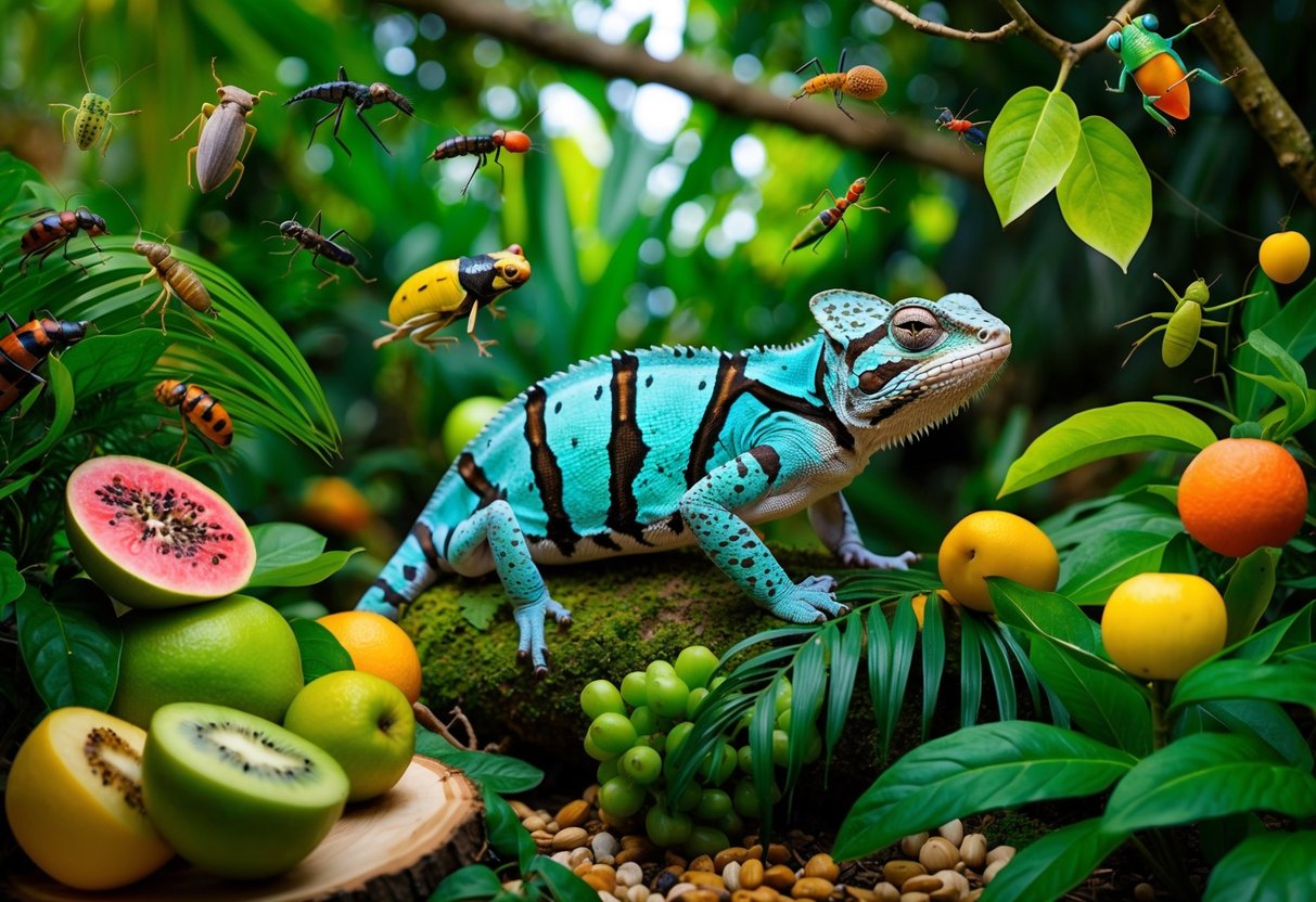 Eine lebendige Dschungelkulisse mit verschiedenen Insekten, Früchten und Pflanzen, umgeben von einem üppigen und bunten Lebensraum für das Pantherchamäleon.