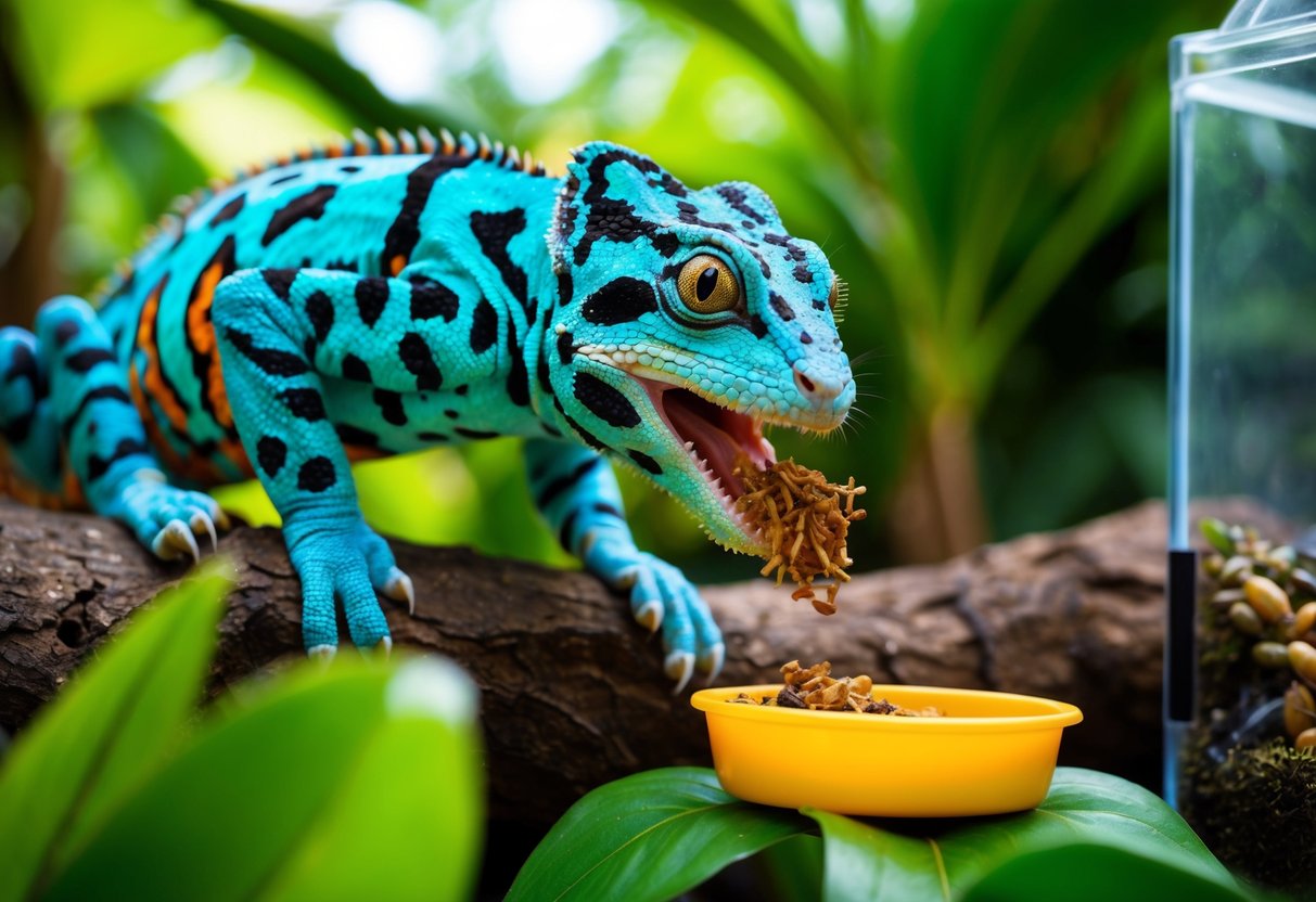 Ein farbenfroher Pantherchamäleon frisst begeistert selbstgemachtes Insektenfutter in einem üppigen, tropischen Terrarium.