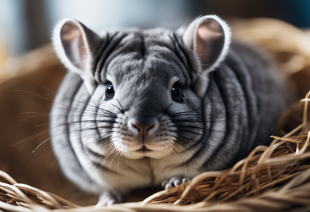 A chinchilla mother curled up in a cozy nest, her round belly bulging as she waits to give birth