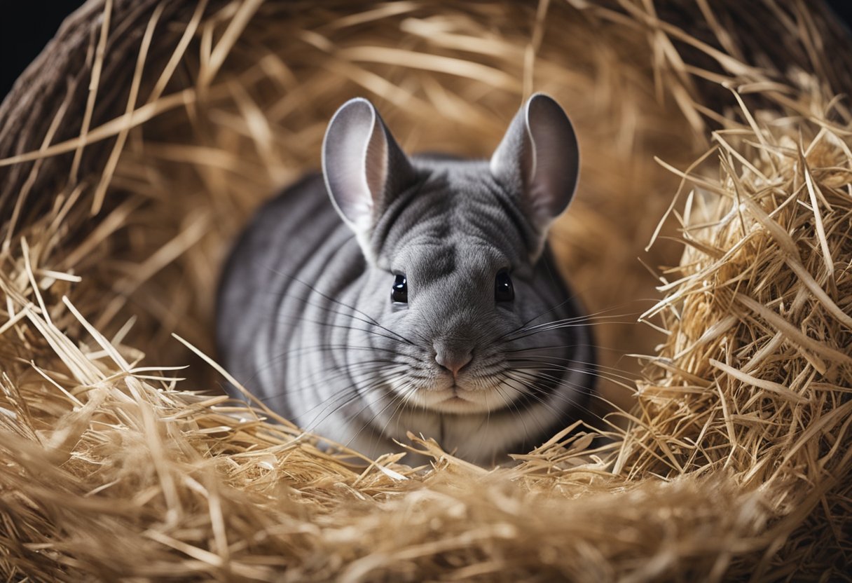 A female chinchilla nestled in a cozy nest of hay, her round belly indicating pregnancy. The male chinchilla stands nearby, watching over her