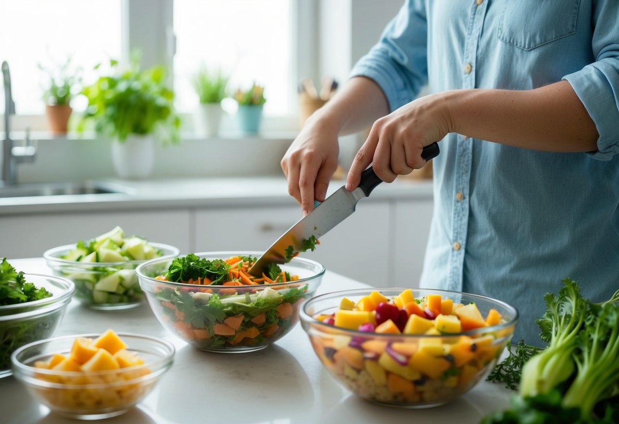 Eine Person bereitet in einer ordentlichen und gut beleuchteten Küche hausgemachtes Futter für einen Halsbandleguan vor. Schalen mit frischem Gemüse und Obst werden gehackt und miteinander vermischt.