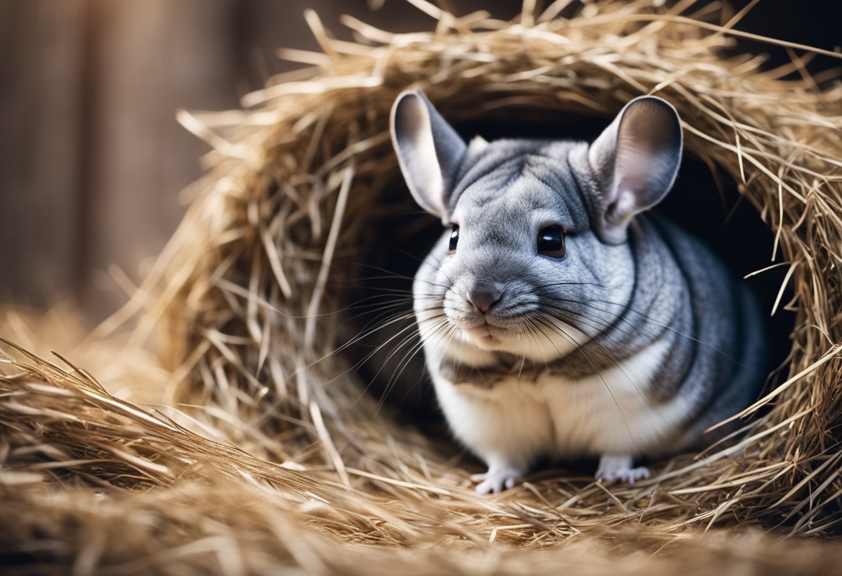 A chinchilla mother resting in her cozy nest, surrounded by soft bedding and nibbling on hay, while her round belly indicates her pregnancy