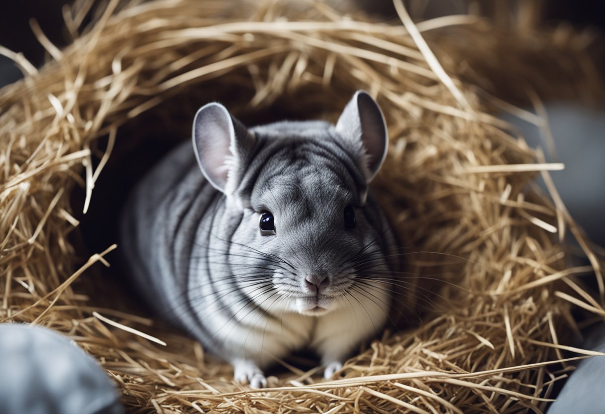 A chinchilla mother resting in her cozy nest, surrounded by soft bedding and nibbling on hay as she prepares to give birth