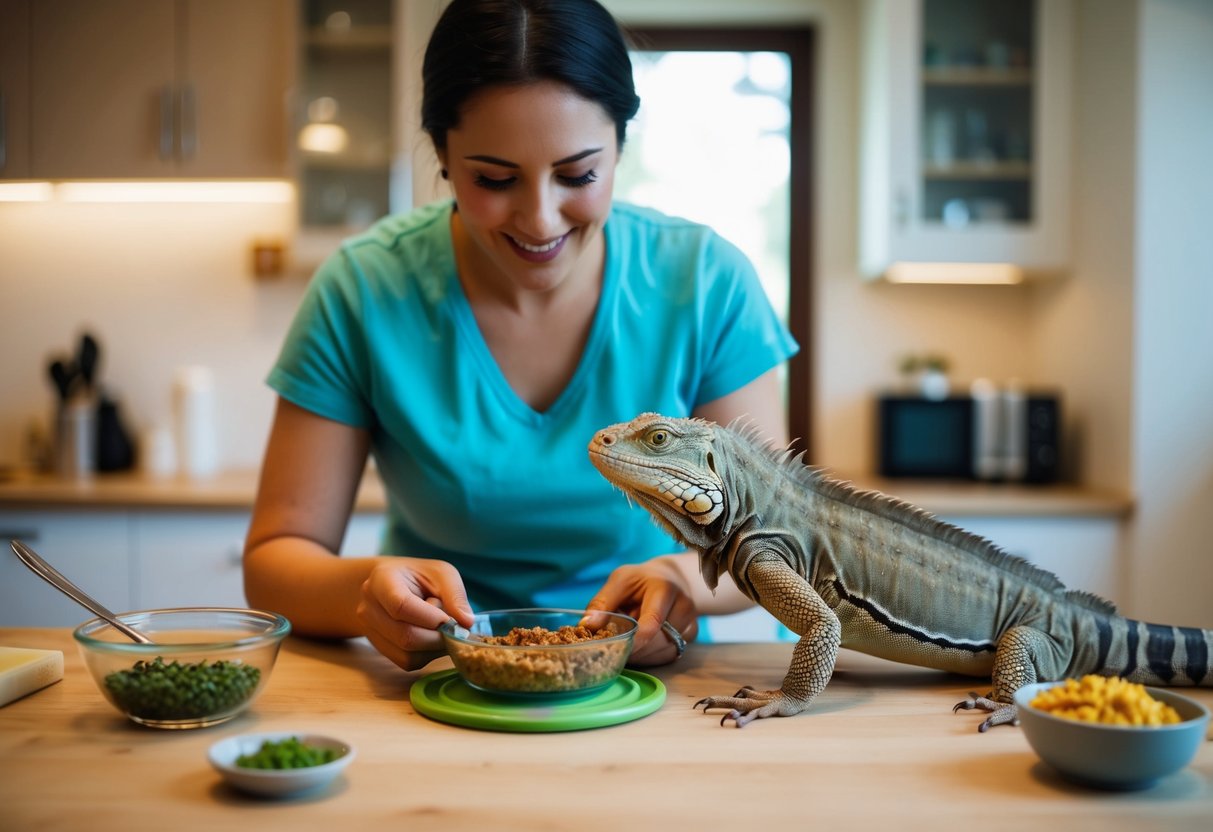 Eine Person, die hausgemachtes Futter für eine Haustier-Iguana in einer einzigartigen Pflegeumgebung zubereitet.