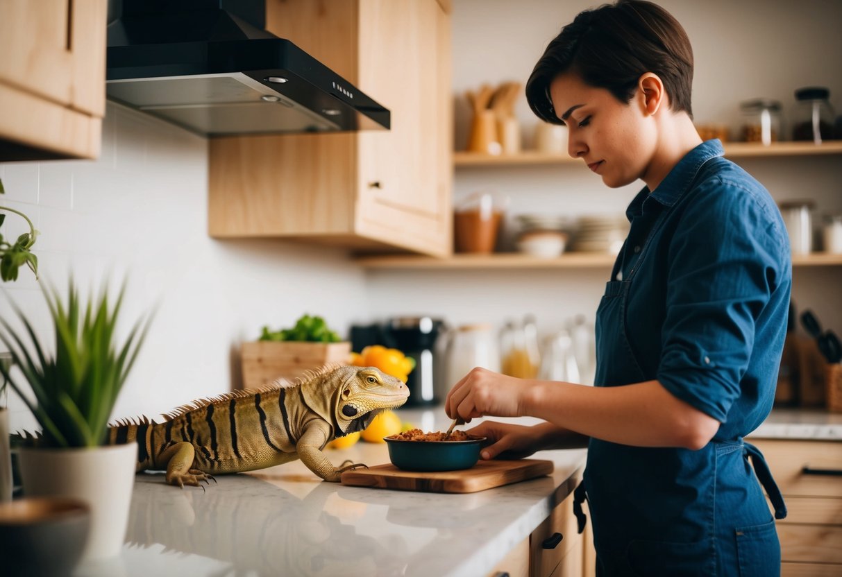 Eine Person bereitet hausgemachtes Futter für eine Haustier-Iguana in einer gemütlichen, gut beleuchteten Küche vor.