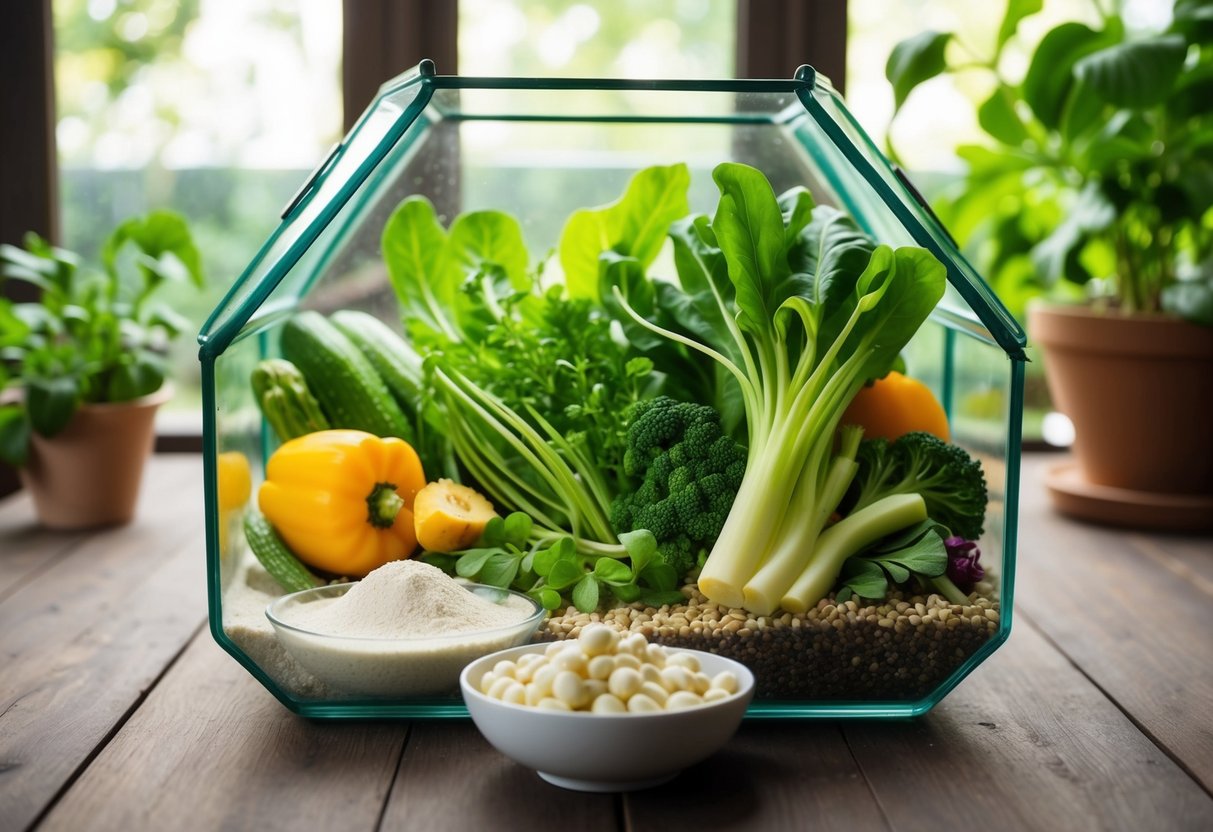 Ein Terrarium, gefüllt mit frischen Kräutern und Gemüse, eine kleine Schale mit Calcium- und Vitaminpräparaten und ein flaches Schälchen mit Wasser für den Halsbandleguan.