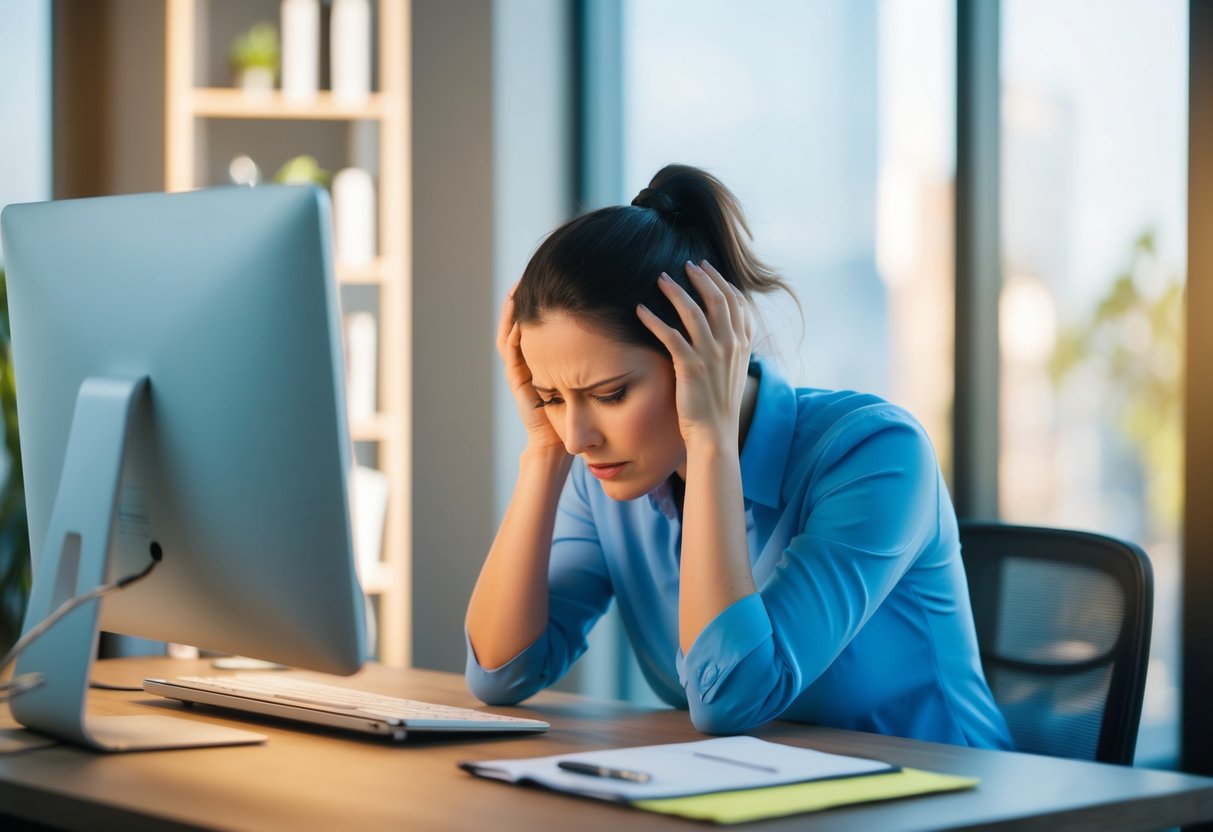A person sitting at a desk with a computer, holding their head in pain while looking at a list of professional help options for headaches
