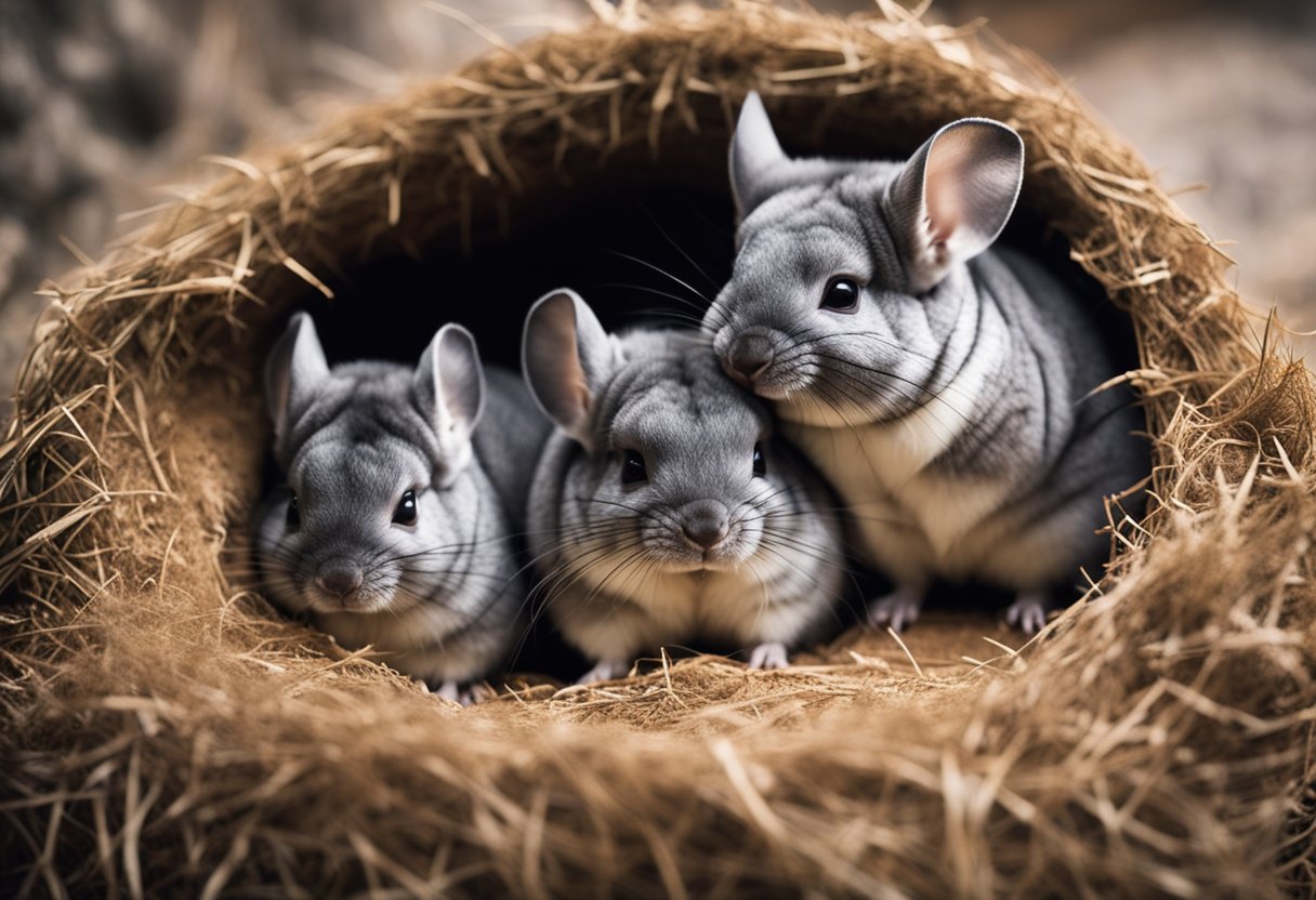 A chinchilla mother nursing her litter of two to six babies in a cozy burrow lined with soft bedding