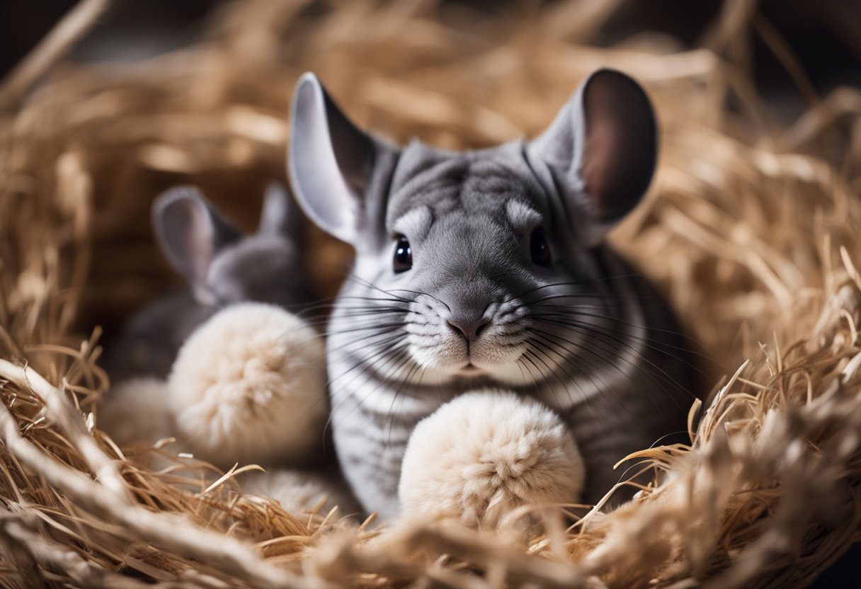 A mother chinchilla with multiple babies nestled in a cozy nest made of soft bedding and surrounded by chew toys