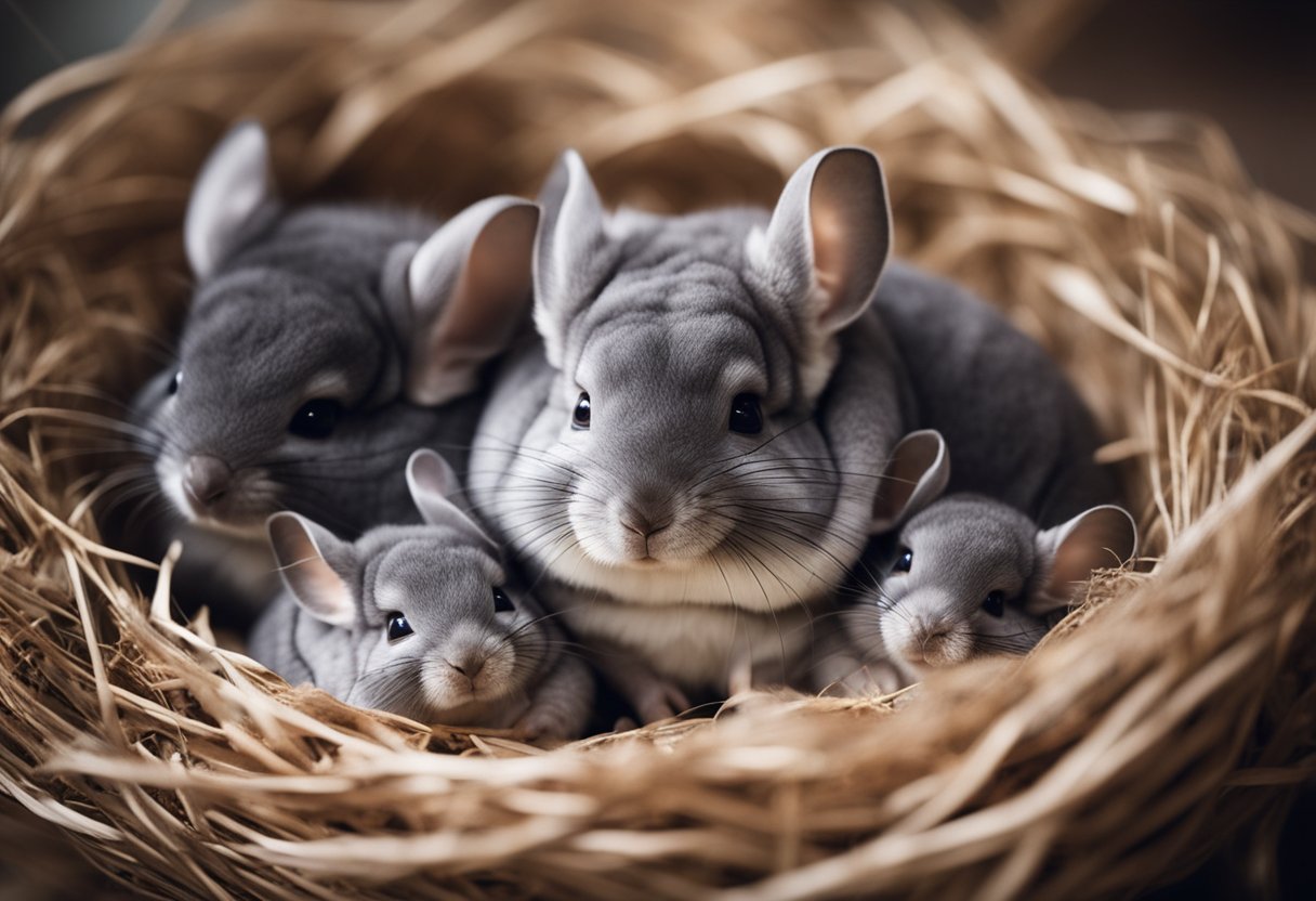 A mother chinchilla with three tiny babies nestled in a cozy nest of soft bedding