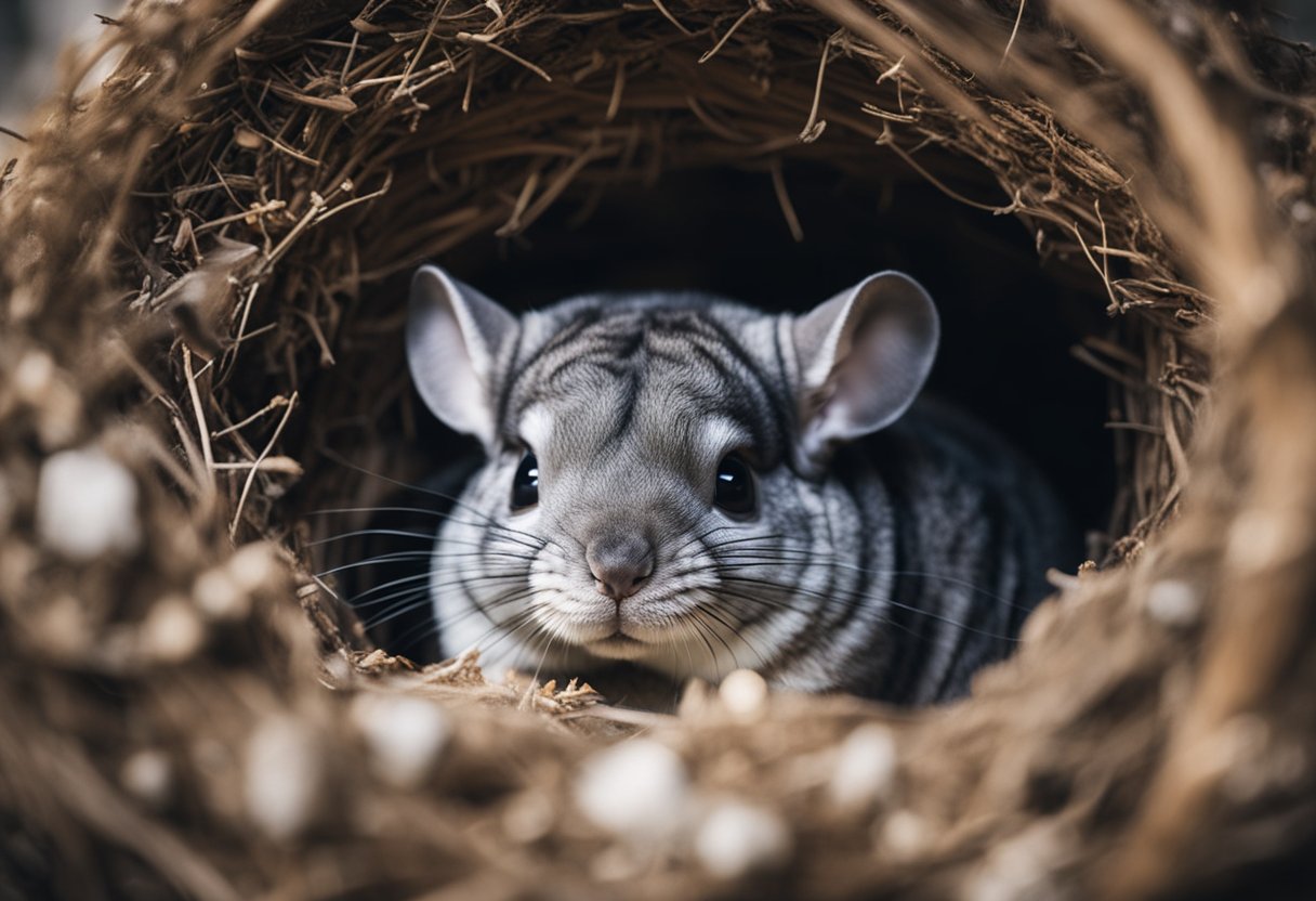 A chinchilla mother surrounded by multiple baby chinchillas in a cozy nest inside a burrow