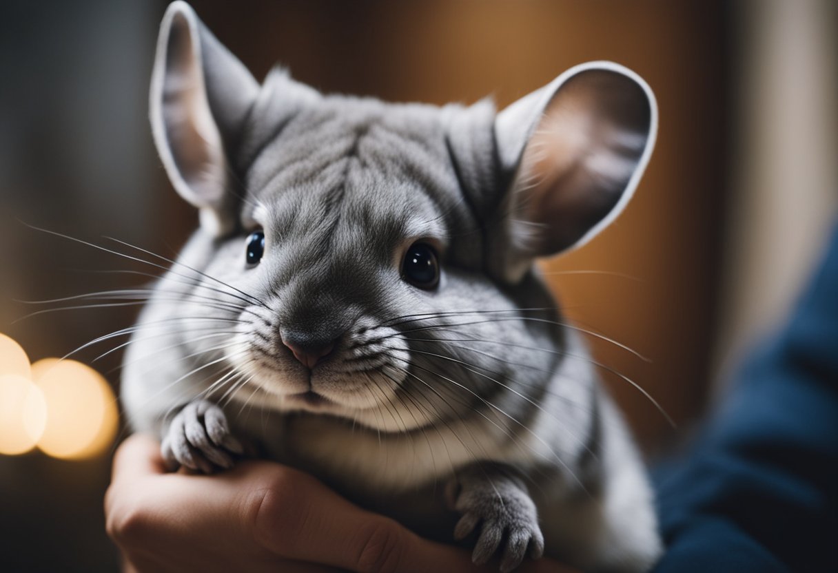 A chinchilla is being gently held and petted in a quiet, cozy room with soft lighting and a calm atmosphere